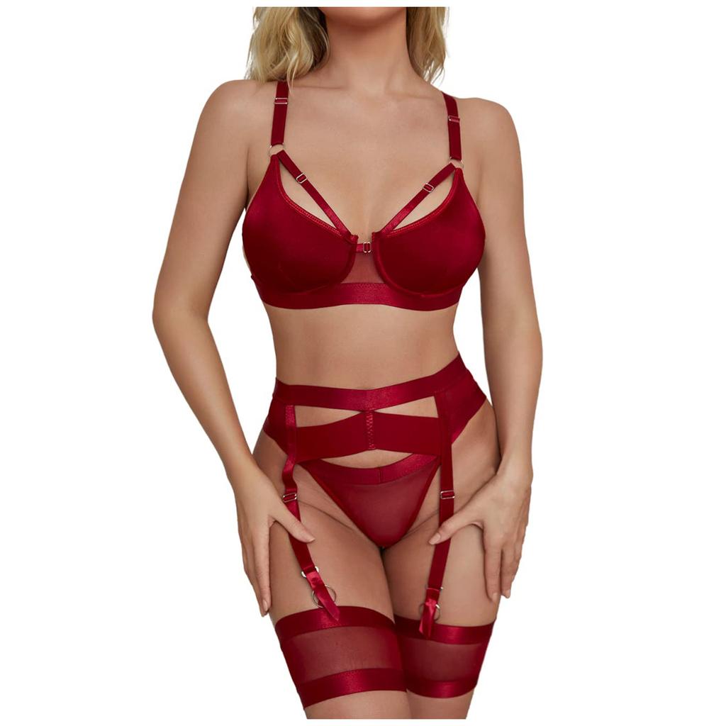 Women's Garter Lingerie, Sexy Lace Lingerie, Sheer Matching 4-Piece Lingerie Sexy Underwire Gathering Bundle Split Sexy Lingerie