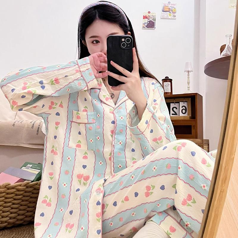 Striped Pajamas Women'S Spring And Autumn Long-Sleeved Suit Cloud Cotton Tulip Bear Loungewear Can Be Worn Outside