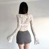 Damen Weiße Spitze Bluse Lange Glockenärmel Rüschen Krawatte Vorne Ausgestellter Saum Mode Top