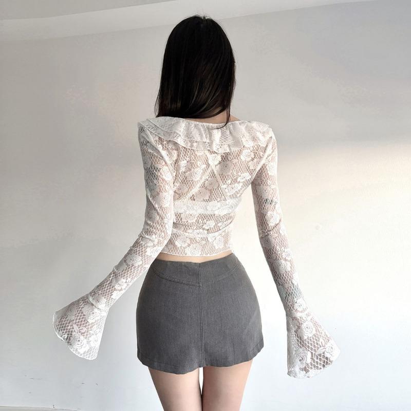 Damen Weiße Spitze Bluse Lange Glockenärmel Rüschen Krawatte Vorne Ausgestellter Saum Mode Top