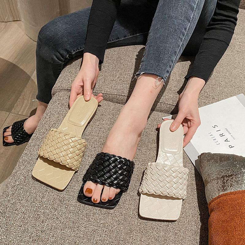 Fashion 2025 Luxury Knitted Leather Shoes Femme Summer Slippers Cross Weave Flat Sandalias Mujer Open Toe Slides Clogs Woman Flip Flops