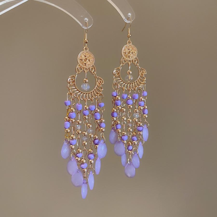 Round acrylic rice beads fringed ear hooks new retro niche design earrings fashion personality temperament earrings
