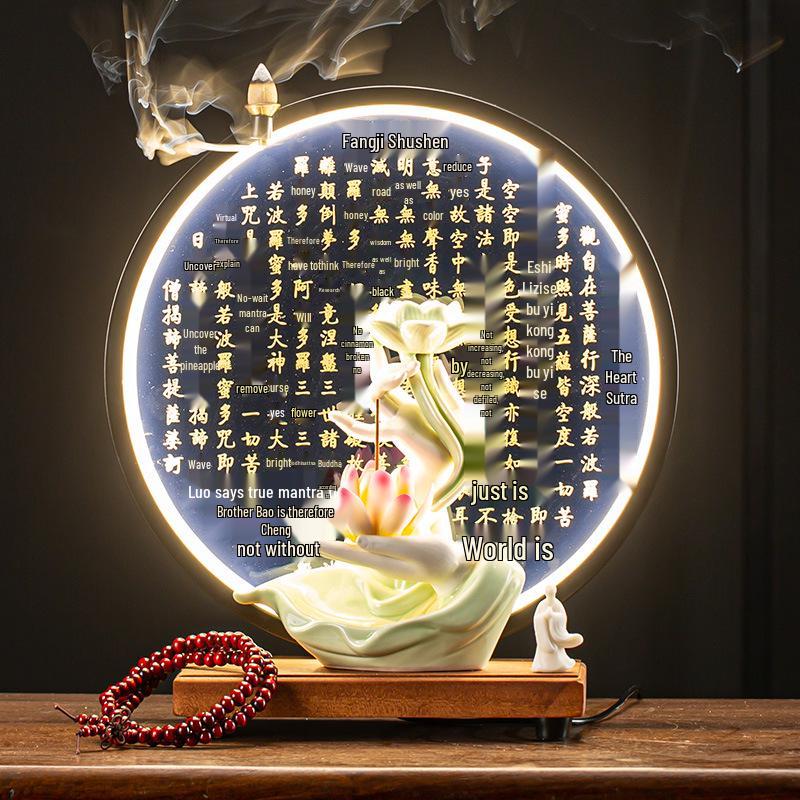 Zen Buddha Hand Ceramic Backflow Incense Burner with Light Ring and Heart Sutra Ornament for Indoor Decor