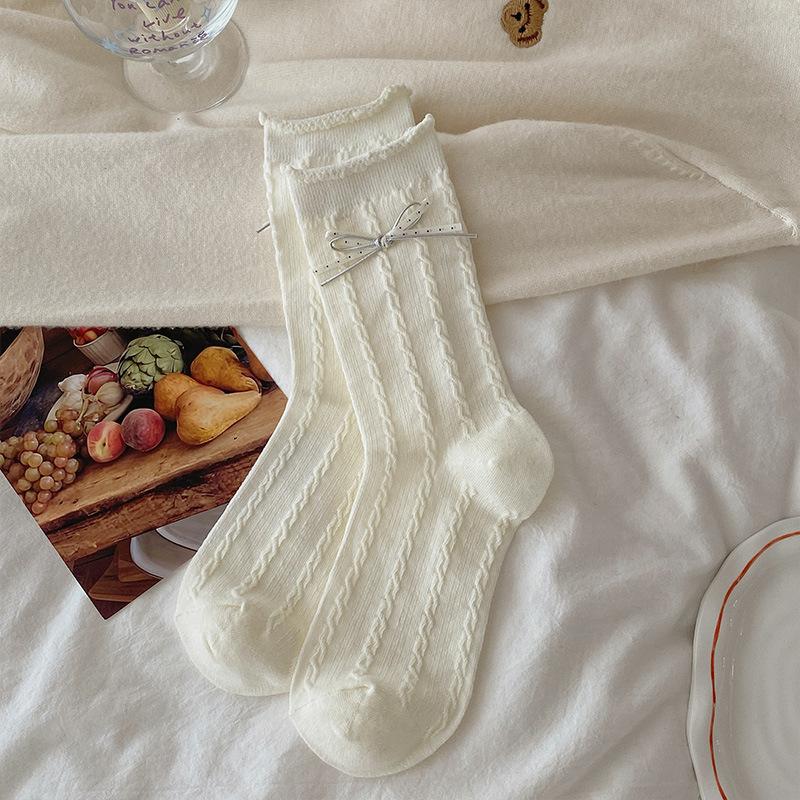Female Autumn New Style Sweet Double Bow Match Color Lace In The Tube Pile Socks