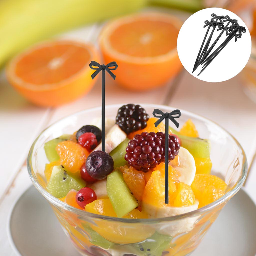 30 Pcs Fruit Fork Black Bow Foods Cocktail Pick Plastic Picks Decorations Party Bread Baby Child Household