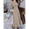 Women's foreign style V-neck waist slim-fitting knitted bottoming skirt solid color dress medium and long skirt French temperament knitted spring
