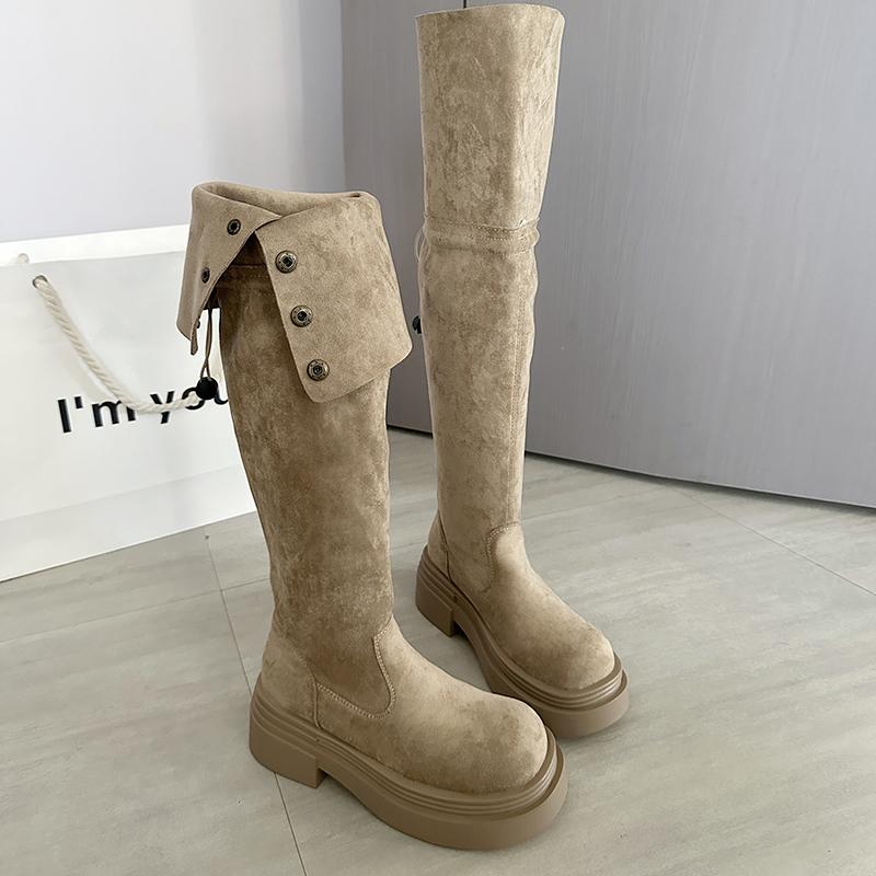 Vintage Platform Thick Heel Women Over The Knee High Boots Fashion Double Fold Wearing Mordern Long Botas Para Mujer
