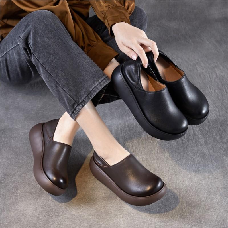 Johnature Genuine Leather Thick Soled Loafers Retro Round Toe Women's Slip-on Flat Platform Shoes