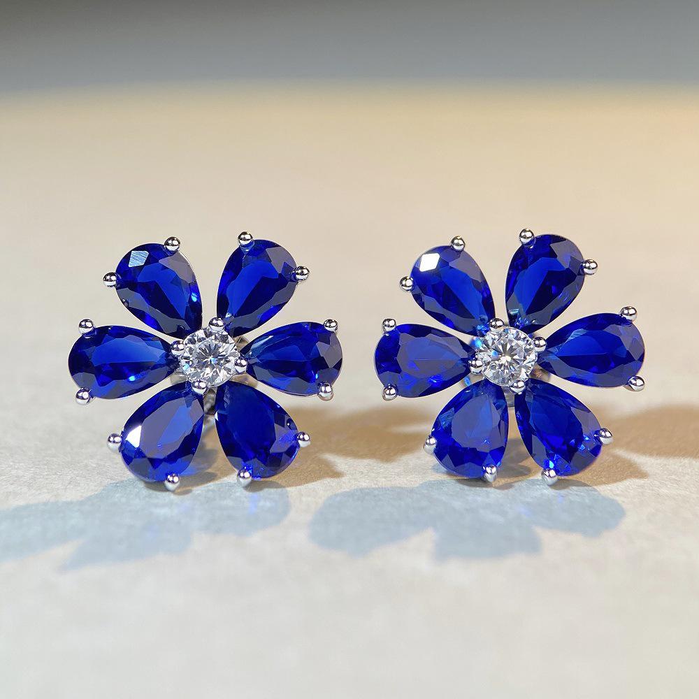 S925 Sterling Silver Daisy Flower Aquamarine Zircon Stud Earrings for Women - European & American TikTok Style