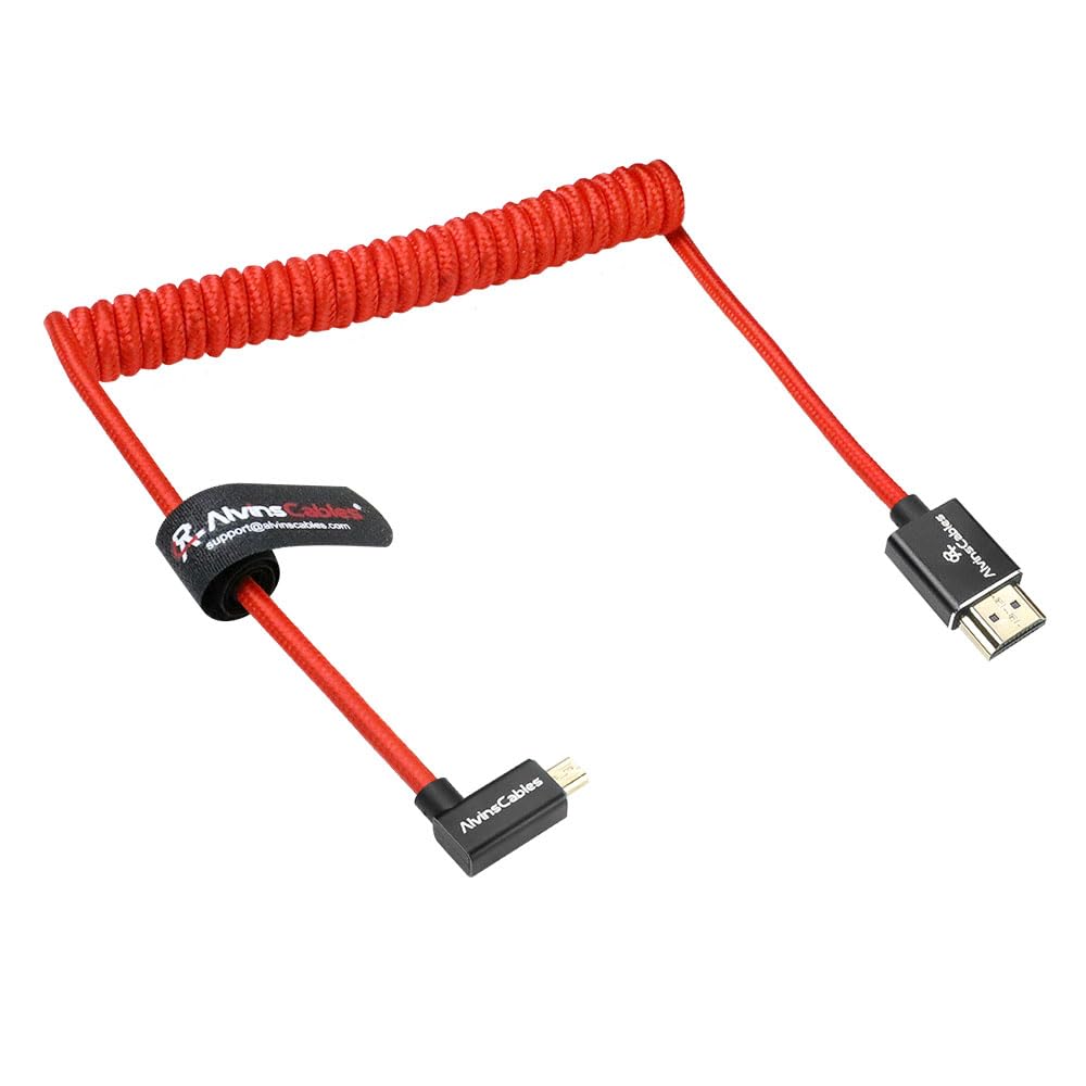 Alvin's Cables 8K 2.1 Micro-HDMI to Full HDMI Braided Coil Cable 48Gbps 8K@60Hz 4K@120Hz 240Hz for Canon R5C/R5/R6, Atomos Ninja-V, Red, Left L