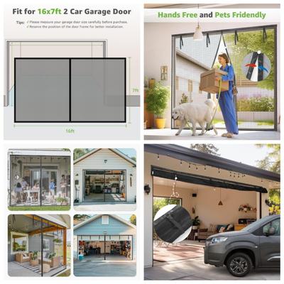 16x7ft Garage Screen Doors for 2 Car Garage Durable Heavy Duty Magnetic Garage Door Screen Hands Free with 6 Roll Up Starps