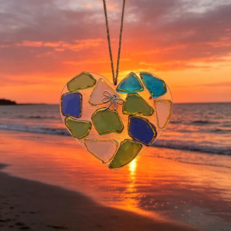 Handmade Sea Glass Heart Ornament Blue Green White Sea Glass Heart Pendant For Window Doorway Wall Wedding Decoration