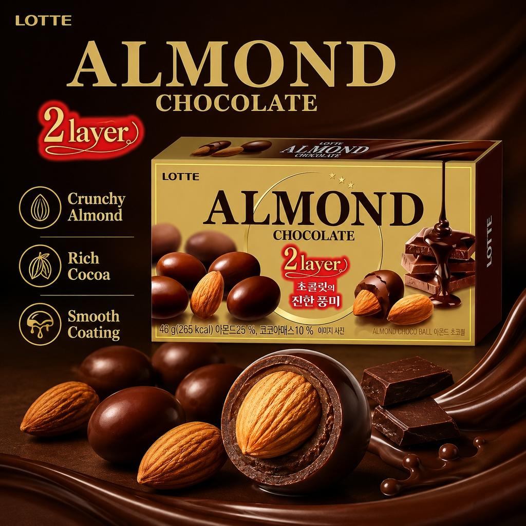 Lotte Almond Filled Chocolate Beans 46g | Rich Chocolate Flavor, Crispy Almond Filling, Convenient Snack