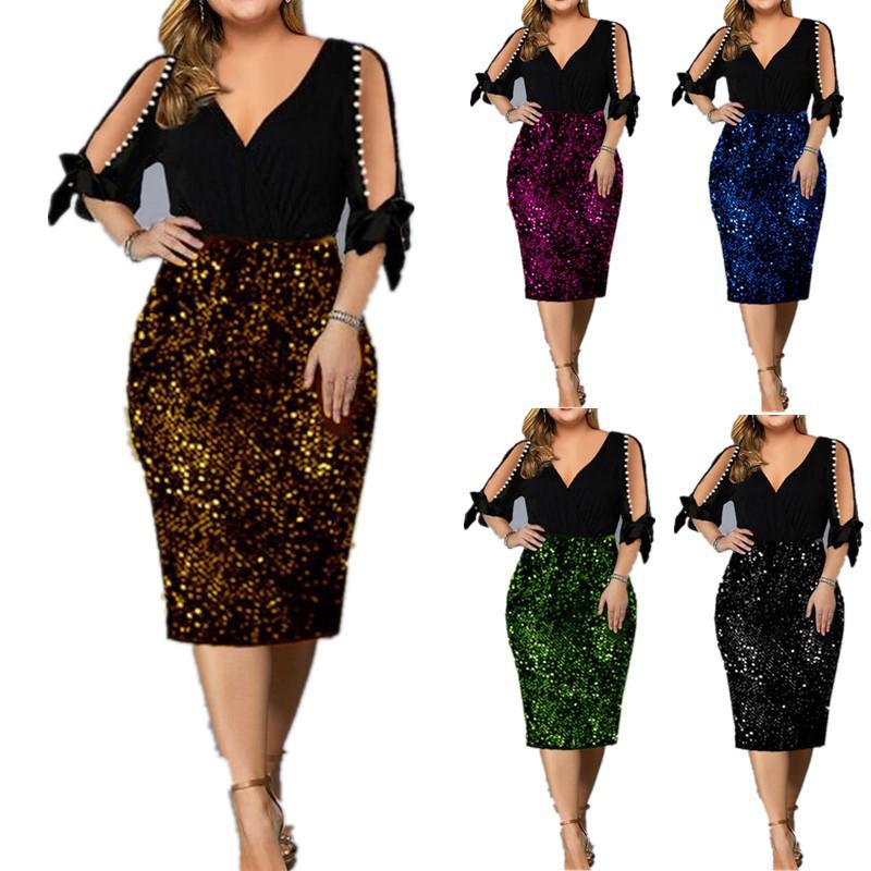 

V-neck Sequin Design Plus Size Women s Dress - European & American Style 4XL