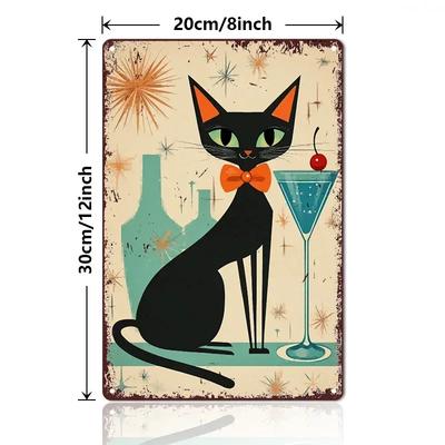 1PC Room Decor 1pc Retro Black Cat with Martini Glass Metal Tin Sign, Vintage Atomic Age Wall Art