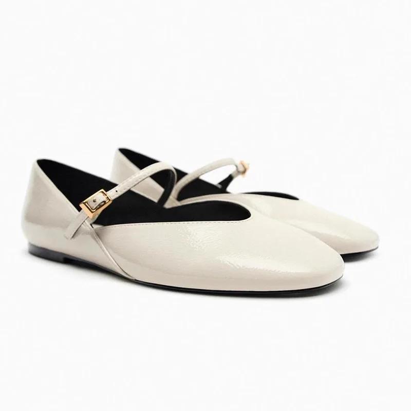 New  Spring Designer Red Women Ballet Shoes Casual Round Toe Flats Buckle Patent Leather Female Dress Shoes