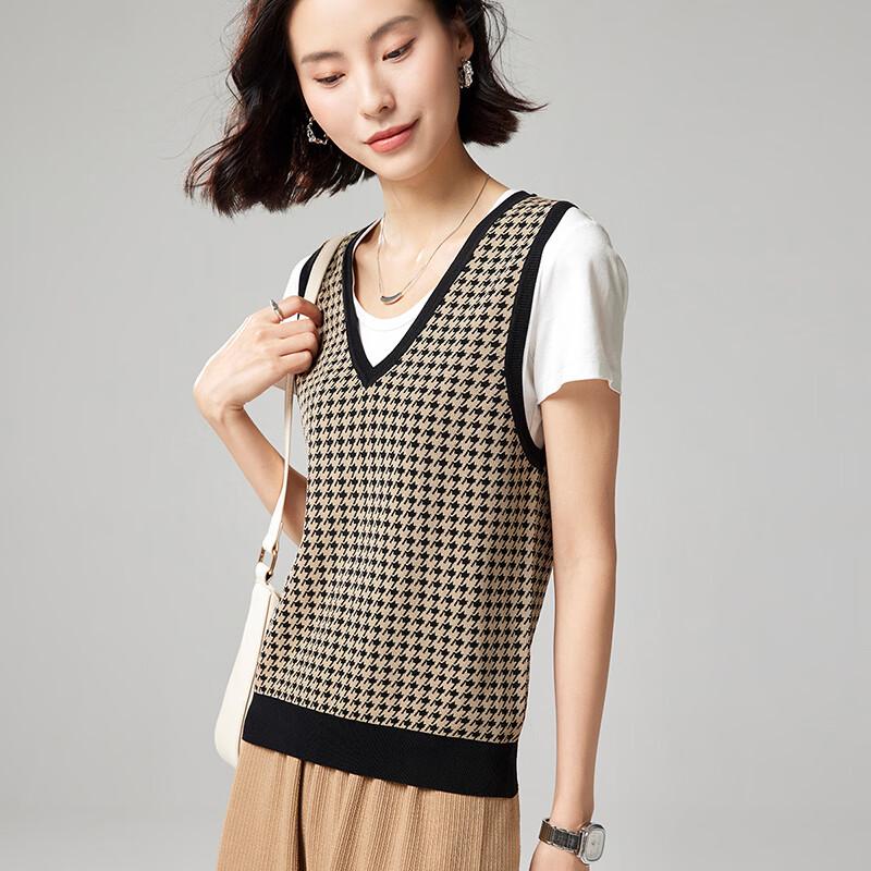Women's Vintage Houndstooth Knitted V-Neck Sleeveless Vest