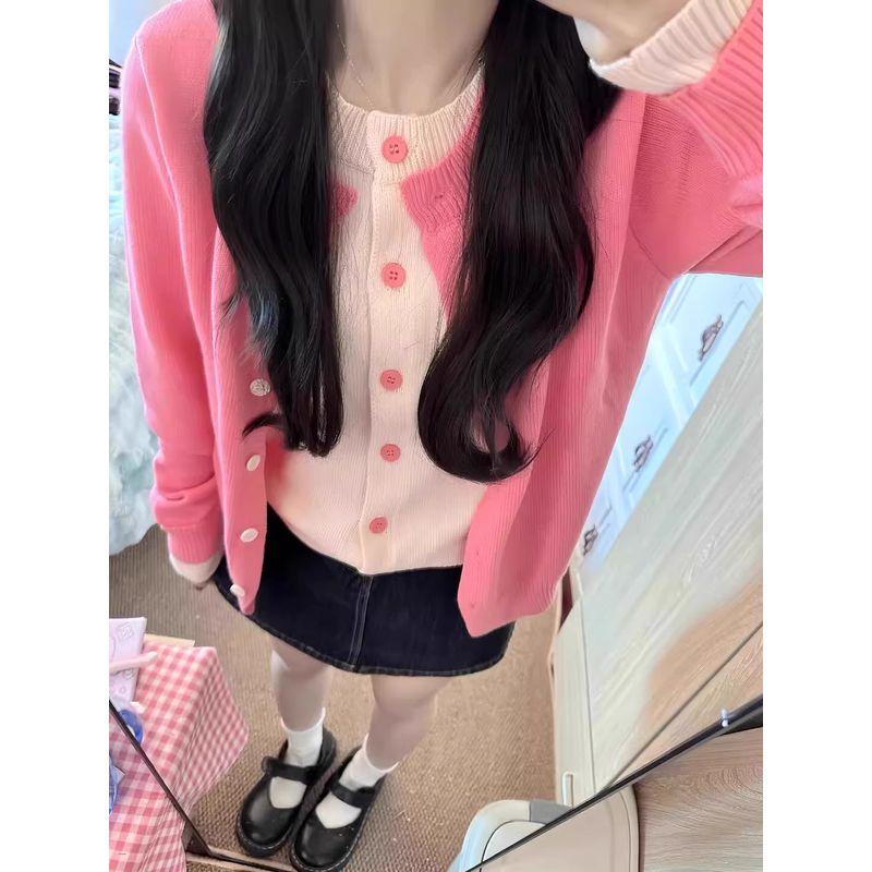 

2025 Early Spring New Korean Series Fake Two Pieces Pink Knit cardigan Outerwear Women Gentle Wear Sweater Short Top Pink Premium Edition S
