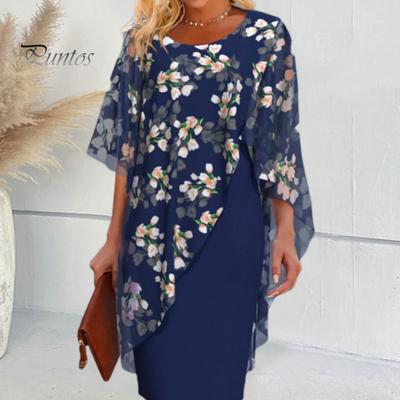 Women Dress Flower Print Fake Two-piece Irregular Sheath Round Neck Chiffon Patchwork Half Sleeves OL Commute Formal Party Prom Midi Dress