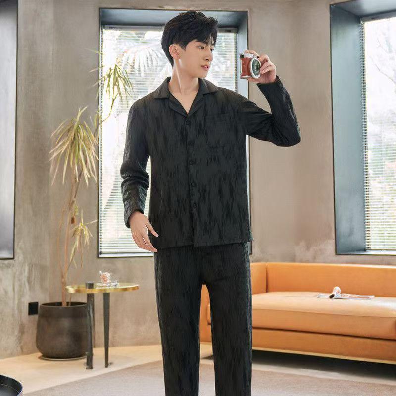 Herren Baumwoll-Pyjama-Set - Langarm & Hose, Lässiger lockerer Cardigan Nachtwäsche
