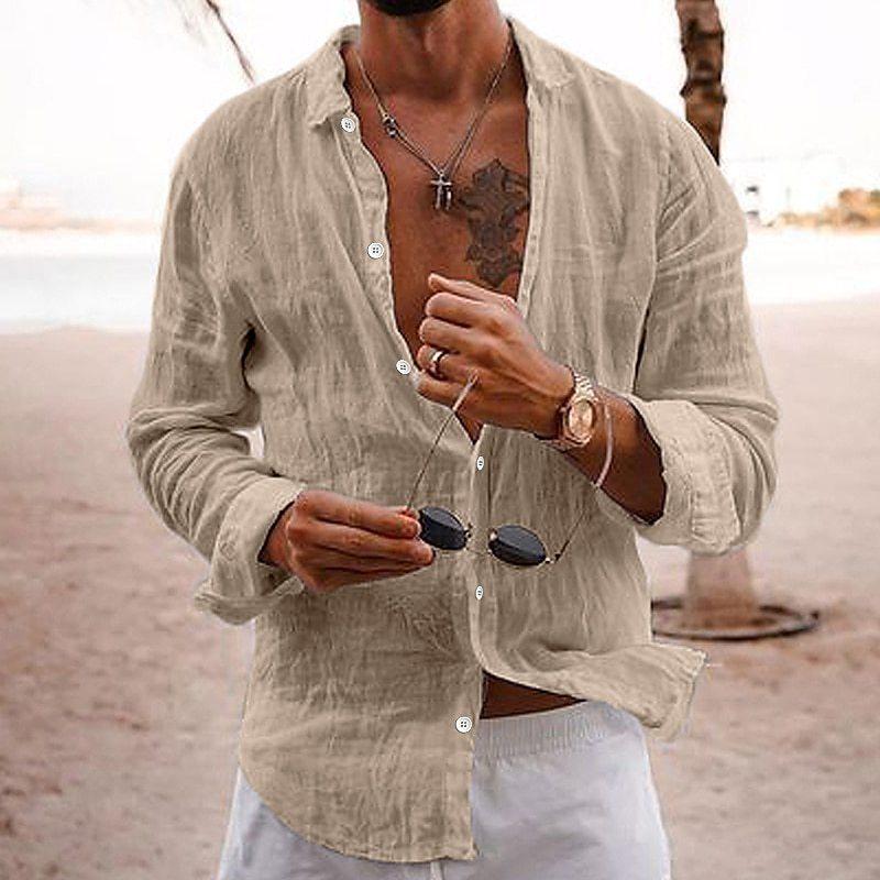 Summer Men's Solid Color Loose Single Breasted Lapel Cotton-Linen Long-Sleeve Shirt