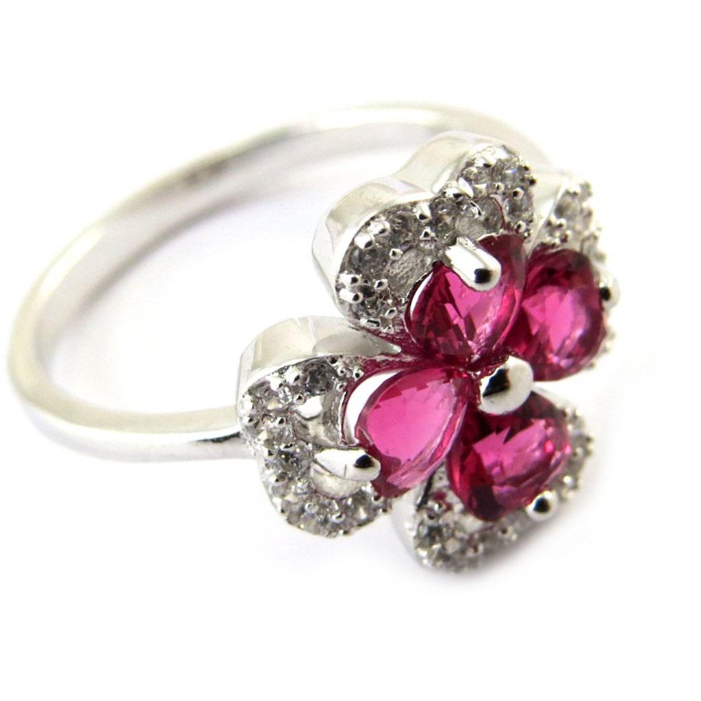 Silver Ring 'Clover' Ruby White Silver (rhodium) - 13x13 Mm