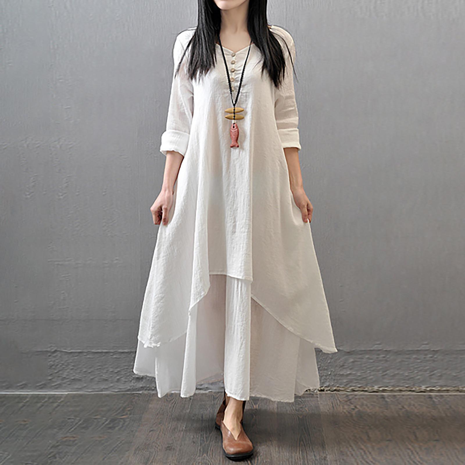 

Женское повседневное свободное платье из хлопка и льна с длинным рукавом в стиле бохо, нерегулярное платье L белый
