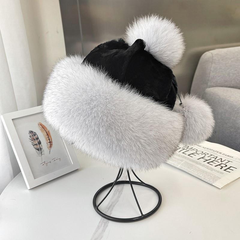 Women real fox fur hat Winter warm ear-protecting princess fur straw hat Girl outdoor thickened whole fur rex rabbit fur ski hat