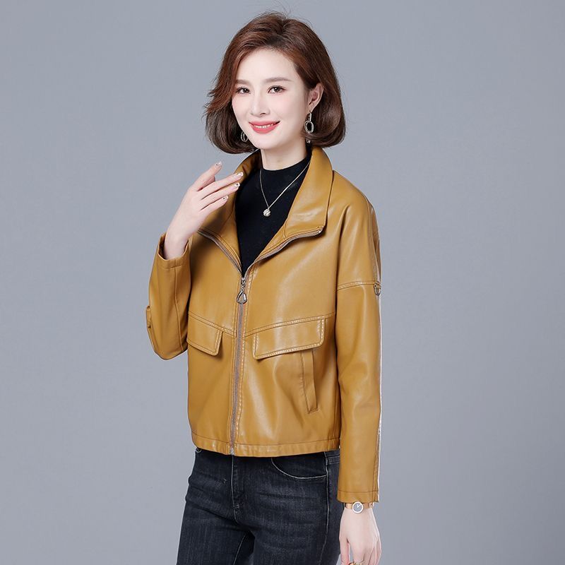 Women's  Autumn New Leather Leather Short Fashion Sheepskin Lapel Zipper Fashion Versatile Solid Color Leather Jackets