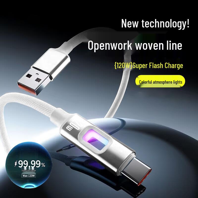 RGB Luminous 120W Fast Charging USB-C Cable for Apple 15/16 & Huawei, 6A.