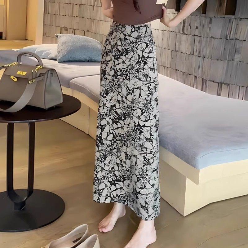 Korean Style Summer Straight Skirt for Ladies Elegant Floral Print High-Grade Side Split Slim Figure-Flattering Chic Daily Skirt
