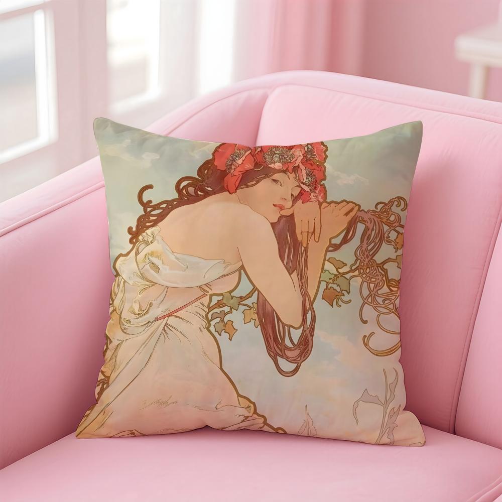 artistic AAlphonse Maria Mucha Cushion Cover Pillow Case Soft Skin Friendly Fabric Comfort Concealed Zipper