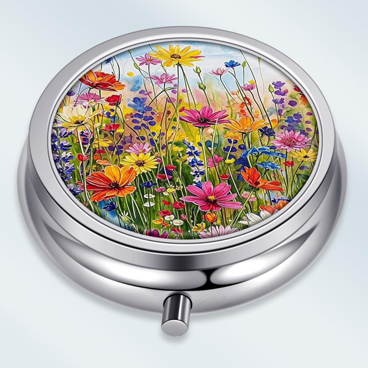 

Portable Pill Box with 3 Compartments, Mini Metal Medicine Organizer Case, Cute Printed Pill Container for Vitamins, Pills, Jewelry, Travel, Daily Use