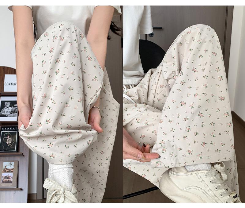 Korean Floral Wide-Leg High-Waist Drawstring Pants for Women - Spring/Summer