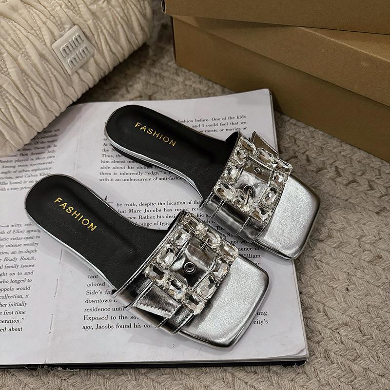 Flat Bottom High-end Sandals Outside Women's Shoes, New Summer French Fairy Rhinestone Square Buckle One-word Slippers