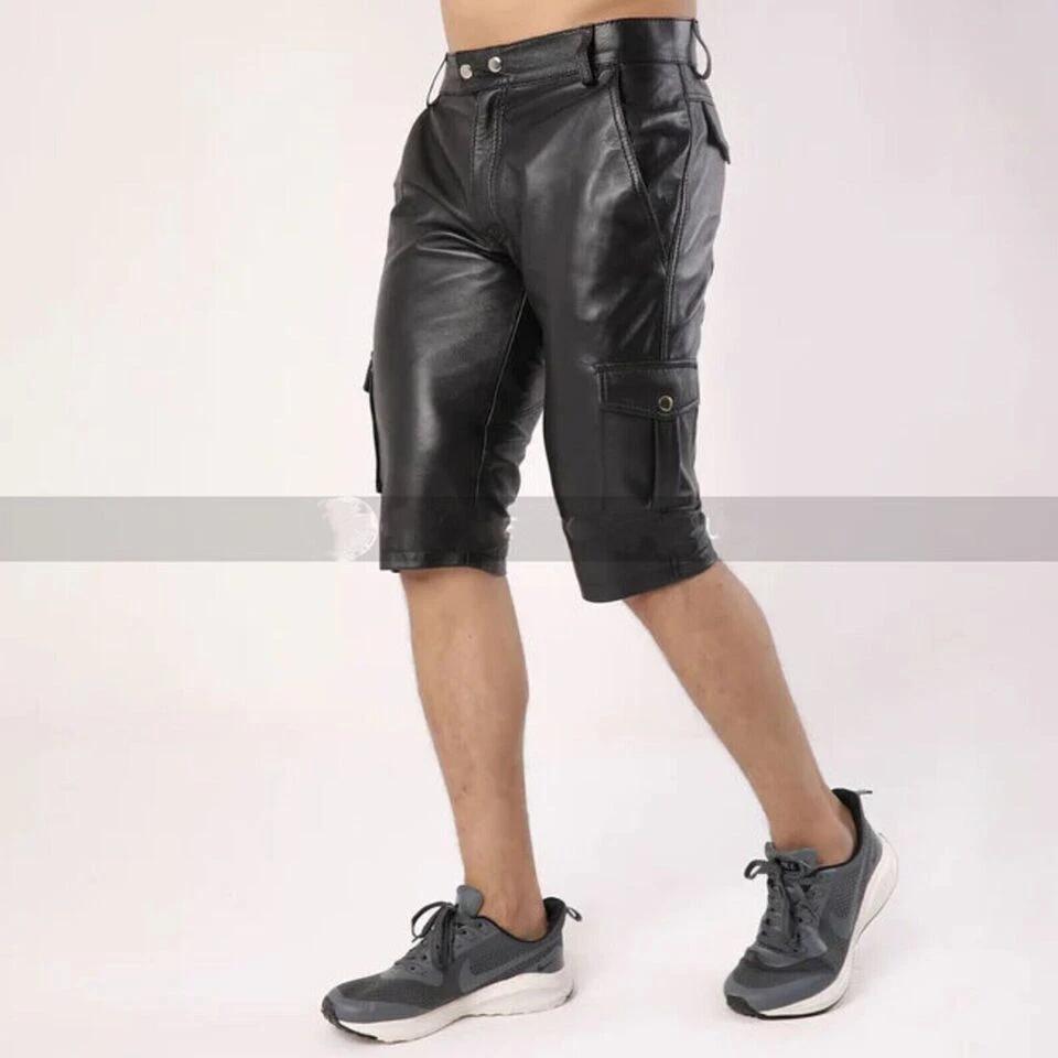 Black Unique Handmade Men's Genuine Lambskin Leather Shorts Boxer Sports Stylish