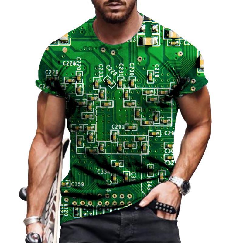 Summer Round Neck 3D Circuit Board Print T-shirts Fashionable Casual Short Sleeved Men's T-shirts