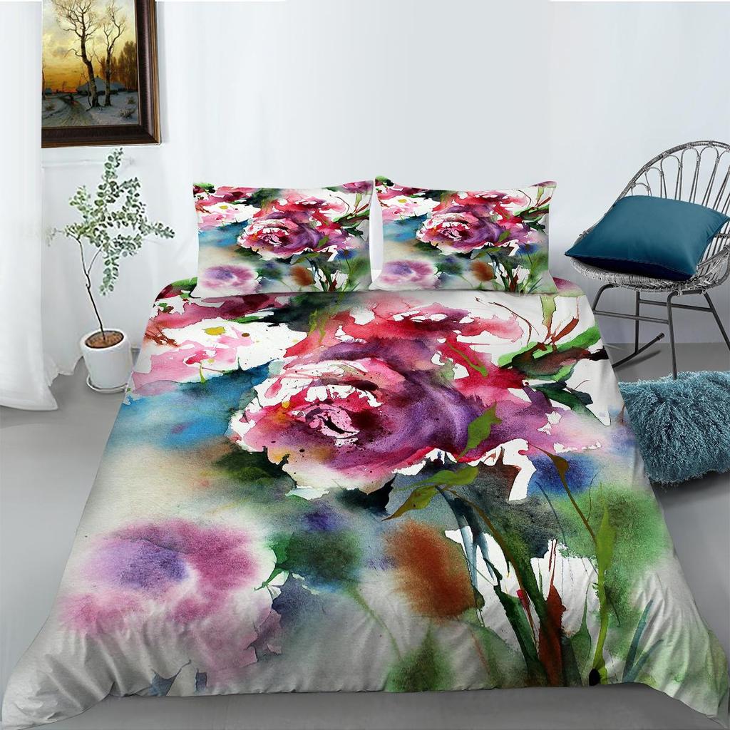 3D Ink Flower Series Bedding Set with Classical Flower Painting Style Quilt and Pillow Covers 2/3 Pieces of Microfiber Fabric Soft Home Decoration