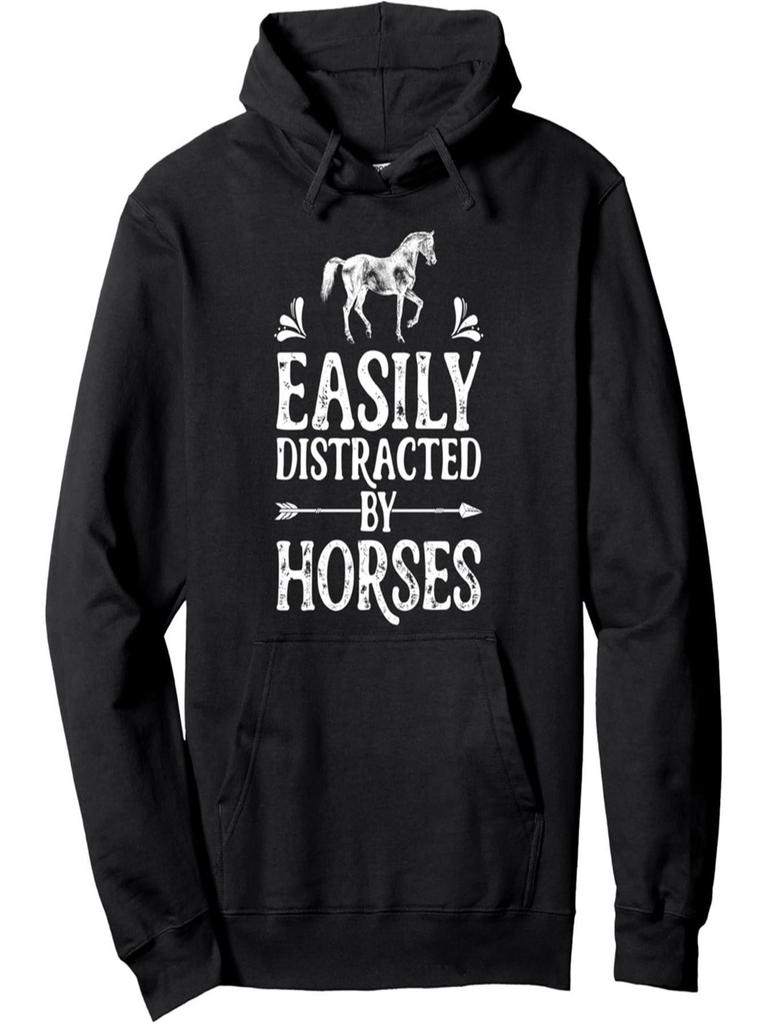 Unisex Easily Distracted by Horses Funny Horse Print Hoodie - Black Casual Pullover with White Graphic, Long Sleeves, Regular Fit, All-Season Comfort,