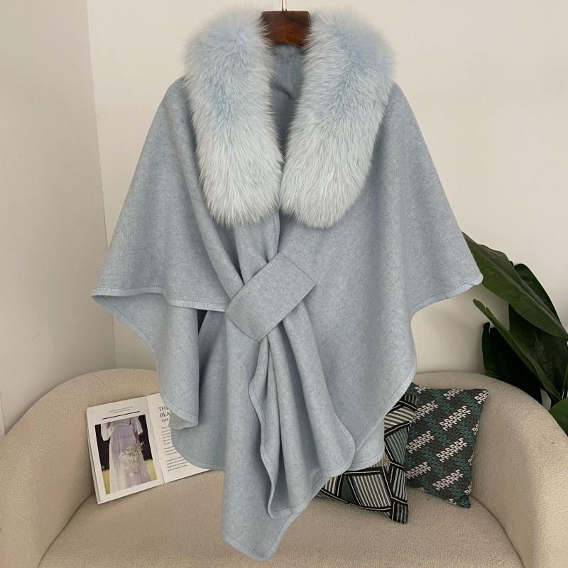 Womens Winter Wool Blend Cape Shawl Cardigan With Faux Fur Collar Loose Fit Oversized Knit Coat