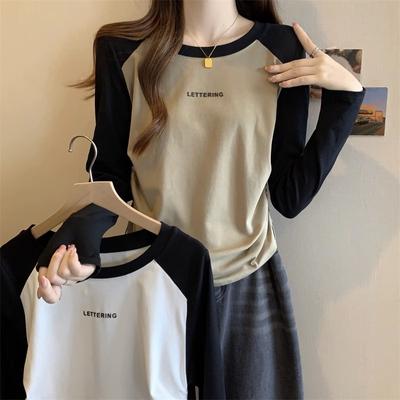 Autumn New Contrast Color Raglan Long-sleeved T-shirt Women's Drawstring Design Round Neck Versatile Bottoming Shirt Trendy Tops