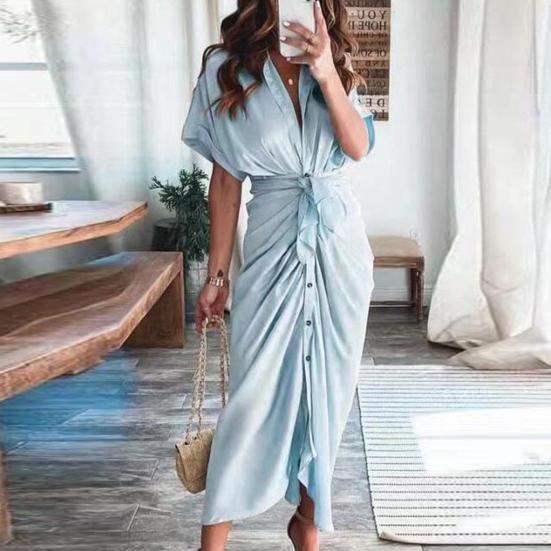 Short Sleeve Maxi Dress High Waist Women Buttons Solid Color Draped Tunic