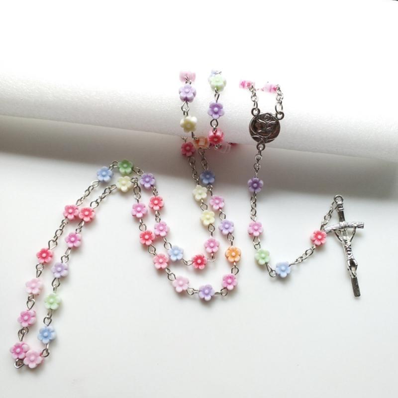 Rosary Crystal Bead Necklace Catholic Rosary Bead with Metal Crucifix Religious Jewelry for Women Flower Beaded Necklace