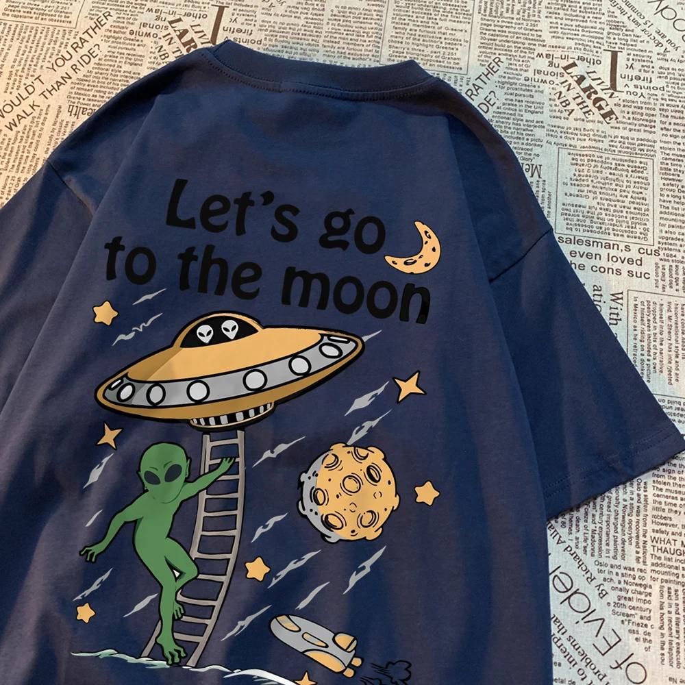 Let'S Go To The Moon Alien Ufo Mens T-Shirt Cotton Loose Tops Loose Crewneck T Shirts Casual Breathable T Shirt Couple Clothes