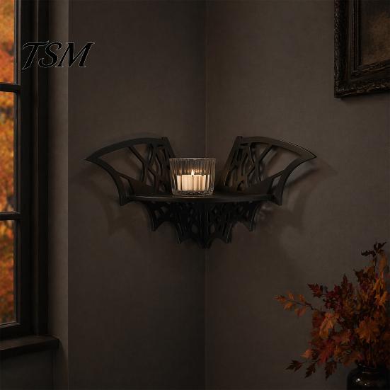 Gothic Style Furniture Halloween Bat Corner Shelf, Decorative Wooden Wall Mount Display Unique Storage Spiderweb Design Floating Rack for Home,