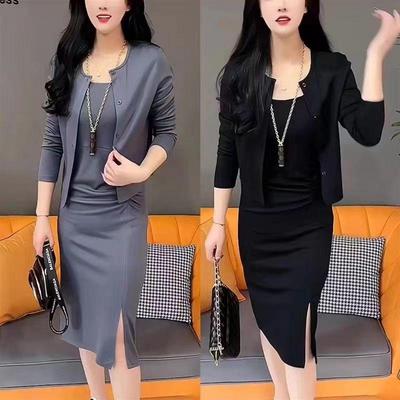 Trendy Women's Two-Piece Set: Stylish Spaghetti Strap Bodycon Dress with Long Sleeve Shawl Jacket