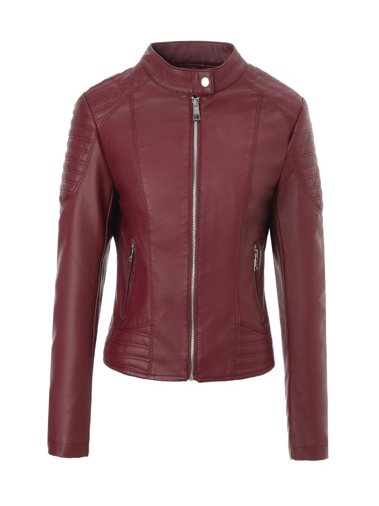 Women's PU locomotive leather jacket stand-up collar zipper placket shoulder hem quilted slim fit short spring autumn and winter short slim fit