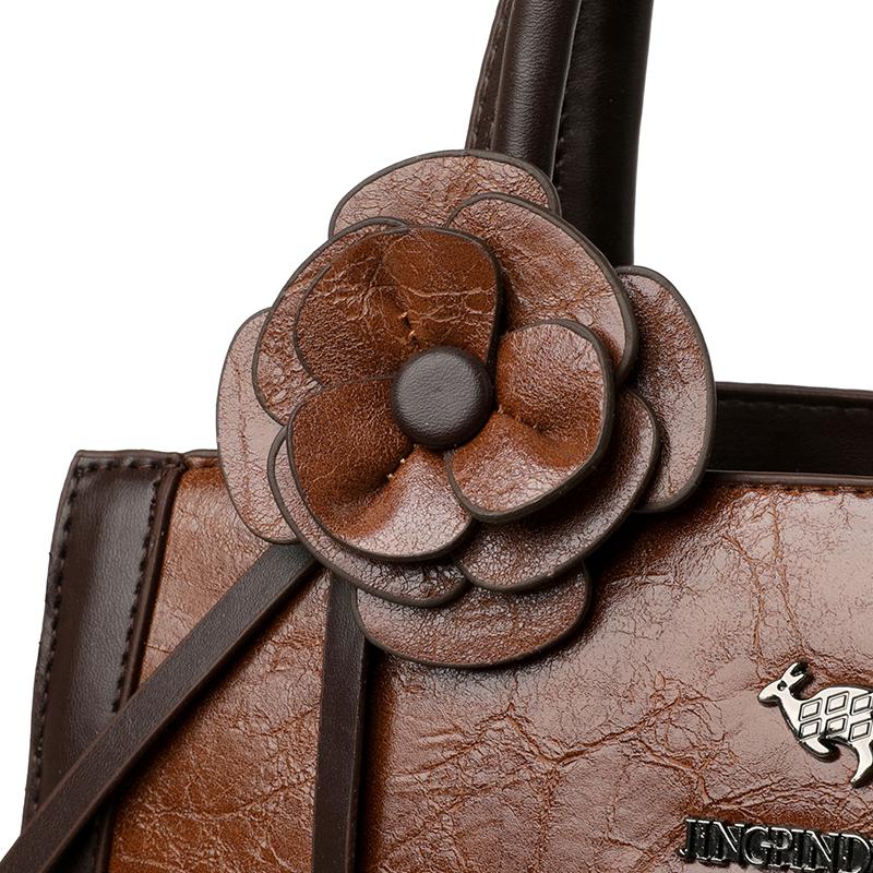 Elegant Faux Leather Tote Bag with Flower Decoration and Adjustable Shoulder Strap