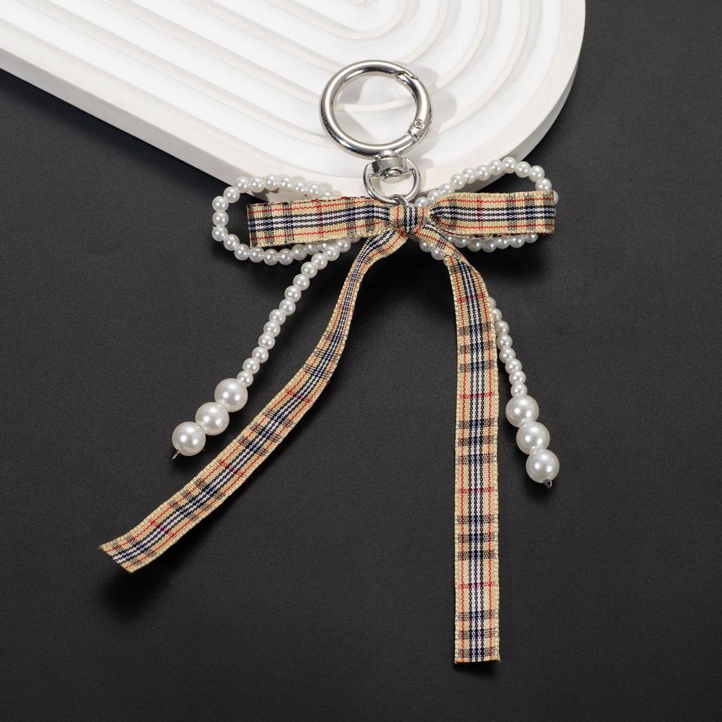 Elegant Coffee Bow-Pearl Heart Keychain Pendant for Handbags