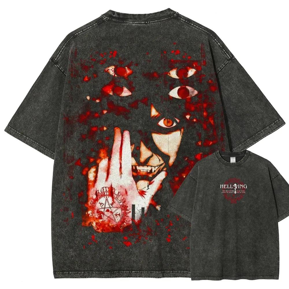 

Dark Style Action Anime Hellsing Graphic Print T Shirt Unisex Women Fashion Harajuku Vintage Washed Cotton Tee Oversize Casual Top S